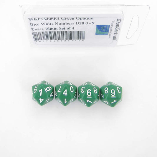 WKP13405E4 Green Opaque Dice White Numbers D20 0 - 9 Twice 16mm Set of 4 Main Image