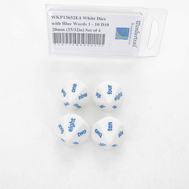 WKP13652E4 White Opaque Dice Blue Words 1-10 D10 20mm Set of 4 Main Image