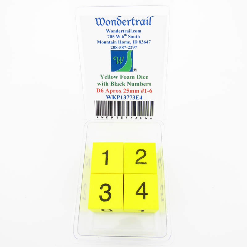 WKP13773E4 Yellow Foam Dice Black Numbers 1-6 D6 25mm (1in) Set of 4 Main Image