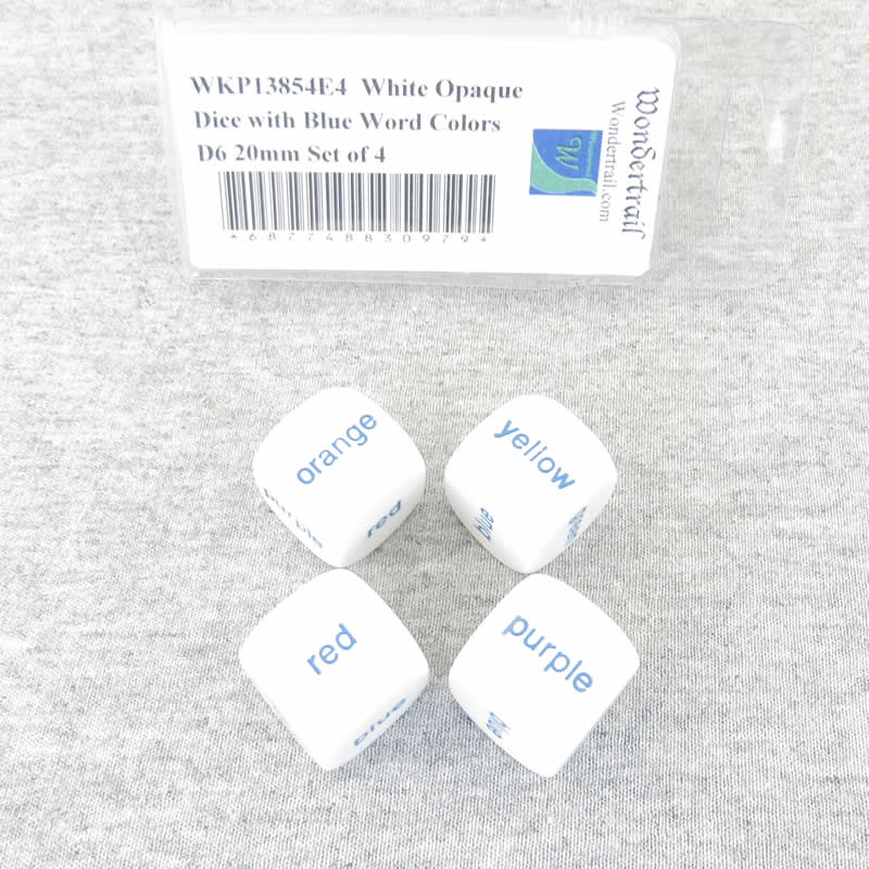 WKP13854E4 White Opaque Dice with Blue Word Colors D6 20mm Set of 4 Main Image