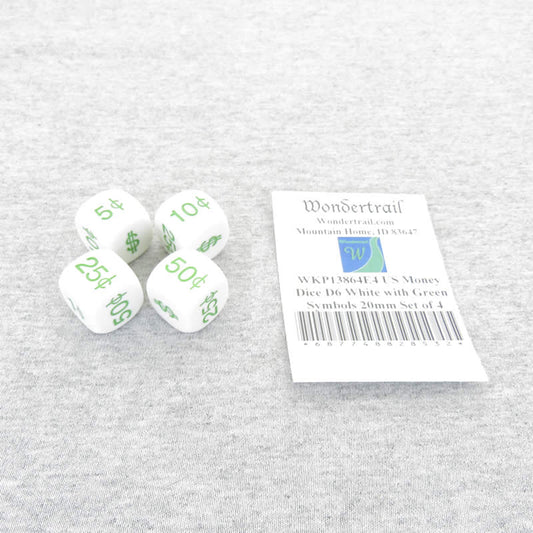 WKP13864E4 US Money Dice D6 White with Green Symbols 20mm Set of 4 Main Image