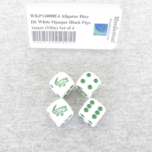 WKP14008E4 Aligator Dice D6 White Opaque Green Pips 16mm (5/8in) Set of 4 Main Image