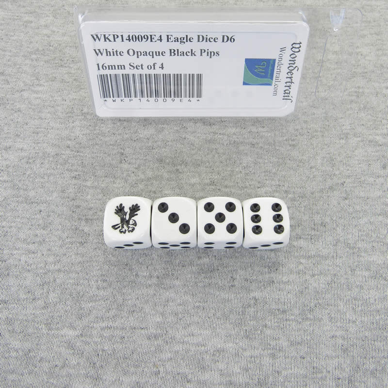 WKP14009E4 Eagle Dice D6 White Opaque Black Pips 16mm Set of 4 Main Image