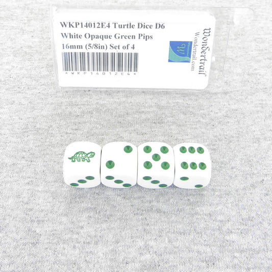 WKP14012E4 Turtle Dice D6 White Opaque Green Pips 16mm (5/8in) Set of 4 Main Image