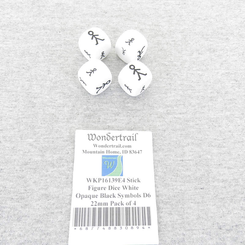 WKP16139E4 Stick Figure Dice White Opaque Black Symbols D6 22mm Pack of 4 2nd Image