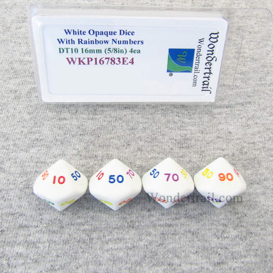 WKP16783E4 White Opaque Dice Rainbow Color Numbers DT10 16mm Pack of 4 Main Image