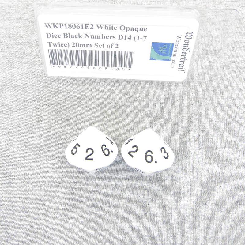 WKP18061E2 White Opaque Dice Black Numbers D14 (1-7 Twice) 20mm Set of 2 Main Image