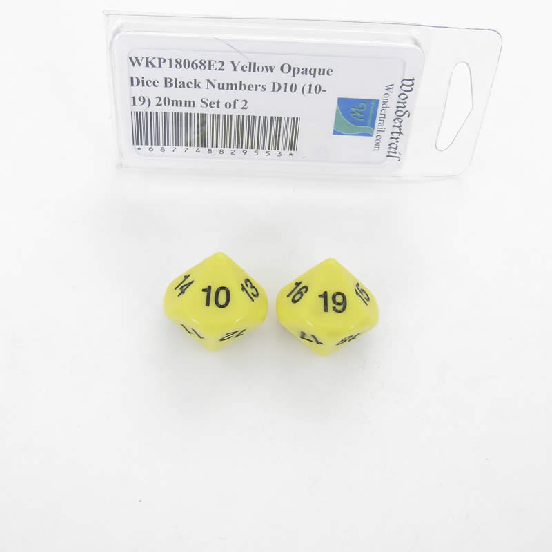 WKP18068E2 Yellow Opaque Dice Black Numbers D10 (10-19) 20mm Set of 2 Main Image