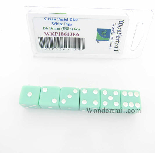 WKP18613E6 Green Pastel Dice D6 with White Pips 16mm (5/8in) Pack of 6 Main Image