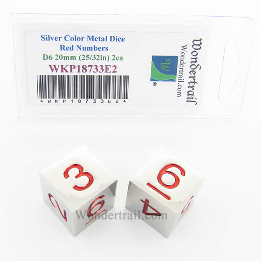 WKP18733E2 Metal Dice D6 Silver With Red Pips 20mm (25/32in) Pack of 2 Main Image