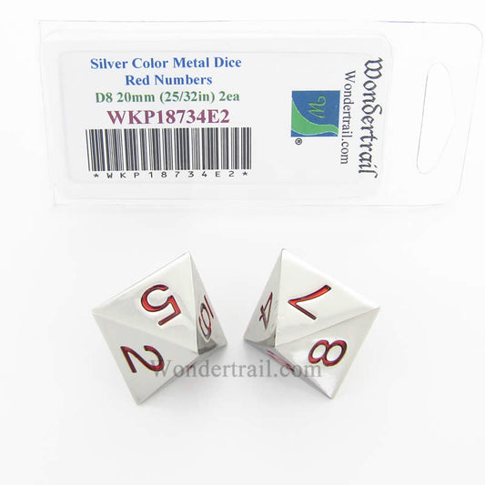 WKP18734E2 Metal Dice D8 Silver With Red Numbers 20mm (25/32in) Pack of 2 Main Image