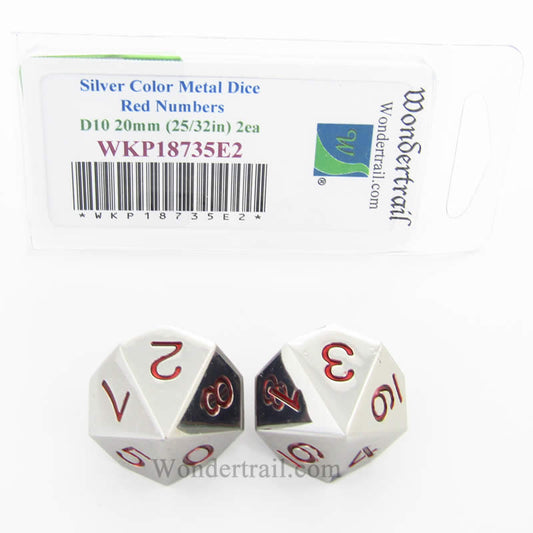 WKP18735E2 Metal Dice D10 Silver With Red Numbers 20mm (25/32in) Pack of 2 Main Image