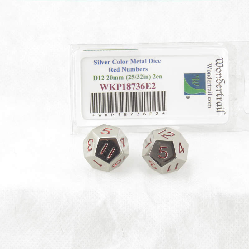 WKP18736E2 Metal Dice D12 Silver With Red Numbers 20mm (25/32in) Pack of 2
