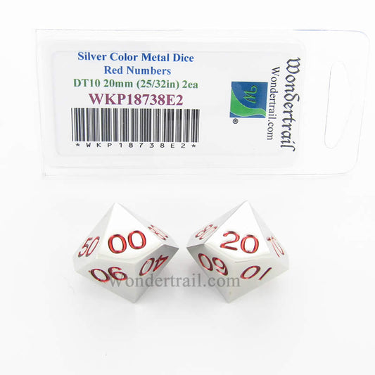 WKP18738E2 Metal Dice DT10 Silver With Red Numbers 20mm (25/32in) Pack of 2 Main Image