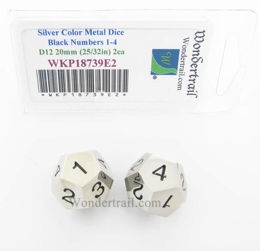 WKP18739E2 Metal Dice D12 Silver With Black Numbers 1-4 Three Times 20mm (25/32in) Pack of 2 Main Image