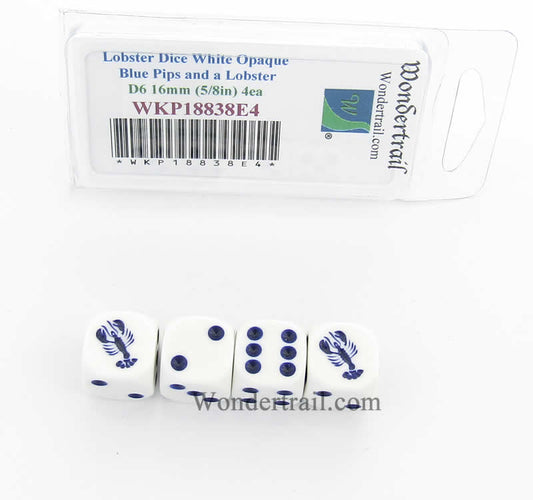 WKP18838E4 Lobster Dice D6 White Opaque Blue Pips 16mm (5/8in) Set of 4 Main Image