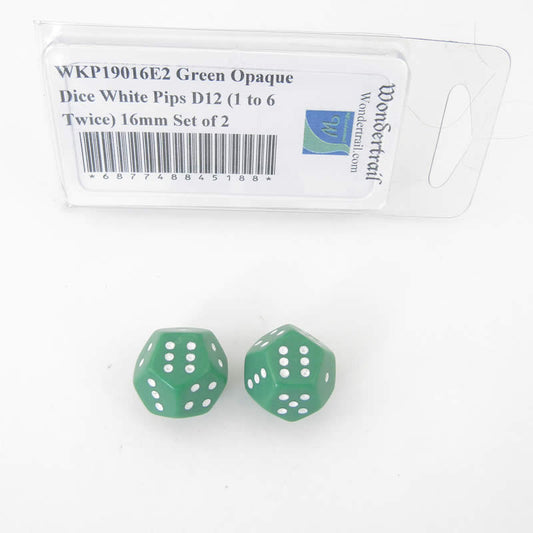 WKP19016E2 Green Opaque Dice White Pips D12 (1 to 6 Twice) 16mm Set of 2 Main Image