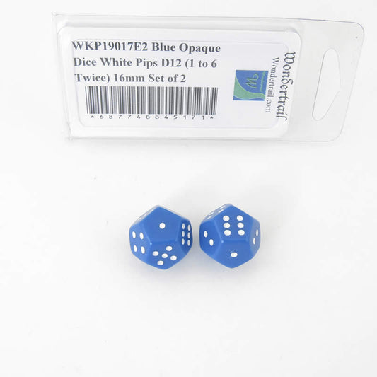 WKP19017E2 Blue Opaque Dice White Pips D12 (1 to 6 Twice) 16mm Set of 2 Main Image