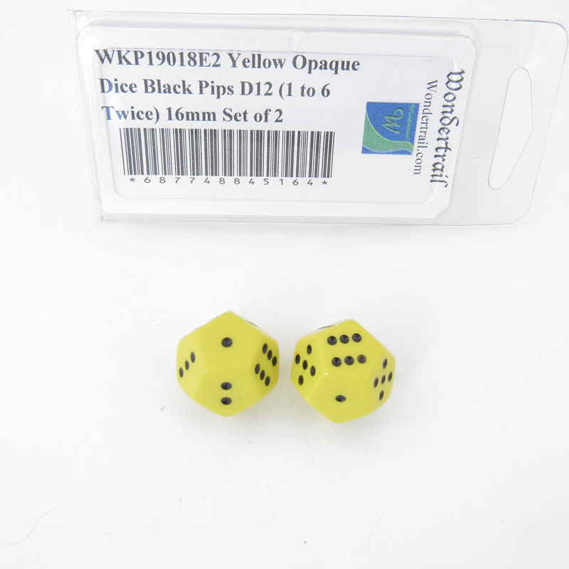WKP19018E2 Yellow Opaque Dice Black Pips D12 (1 to 6 Twice) 16mm Set of 2 Main Image