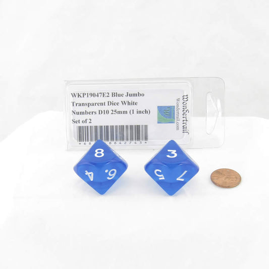 WKP19047E2 Blue Jumbo Transparent Dice White Numbers D10 25mm (1 inch) Set of 2 Main Image