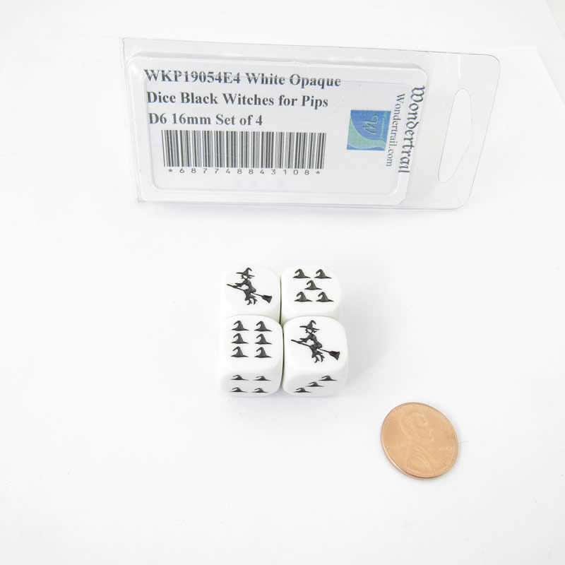 WKP19054E4 White Opaque Dice Black Witch Hats for Pips D6 16mm Set of 4 Main Image