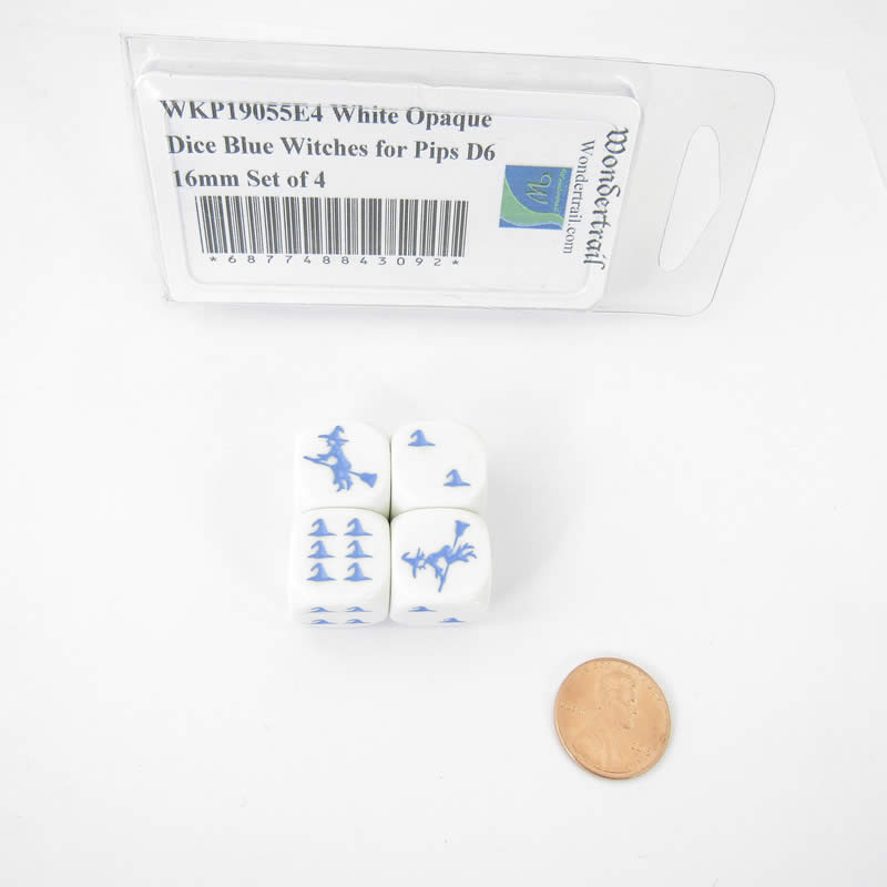 WKP19055E4 White Opaque Dice Blue Witch Hats for Pips D6 16mm Set of 4 Main Image