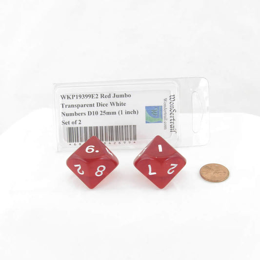 WKP19399E2 Red Jumbo Transparent Dice White Numbers D10 25mm (1 inch) Set of 2 Main Image