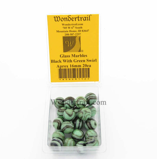 WONGM112 Black with Green Swirl 16mm Glass Marbles Pack of 20 Main Image