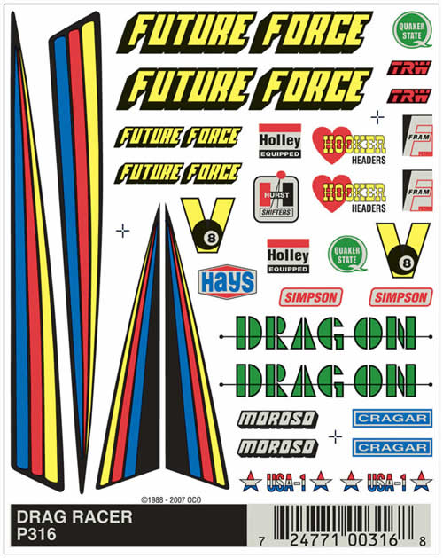 WOOP316 Drag Racer (4in x 5in) PineCar Decals Main Image
