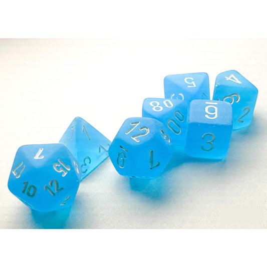 CHX20416 Caribbean Blue Frosted Mini Dice with White Colored Numbers 10mm (3/8in) Set of 7
