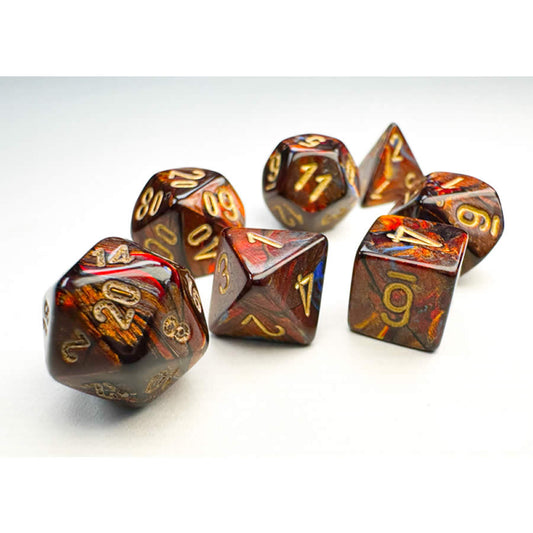 CHX20419 Blue Blood Scarab Mini Dice with Gold Colored Numbers 10mm (3/8in) Set of 7