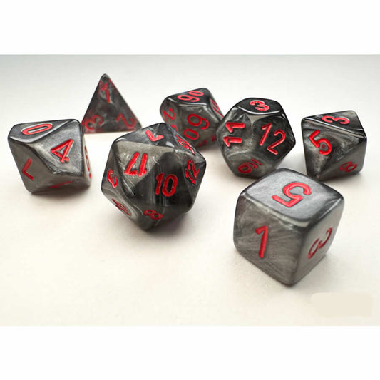 CHX20478 Black Velvet Mini Dice with Red Numbers 10mm (3/8in) Set of 7