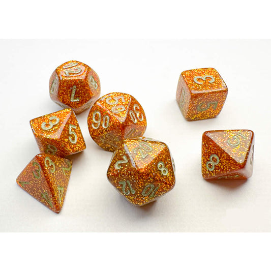 CHX20503 Gold Glitter Mini Dice with Silver Colored Numbers 10mm (3/8in) Set of 7
