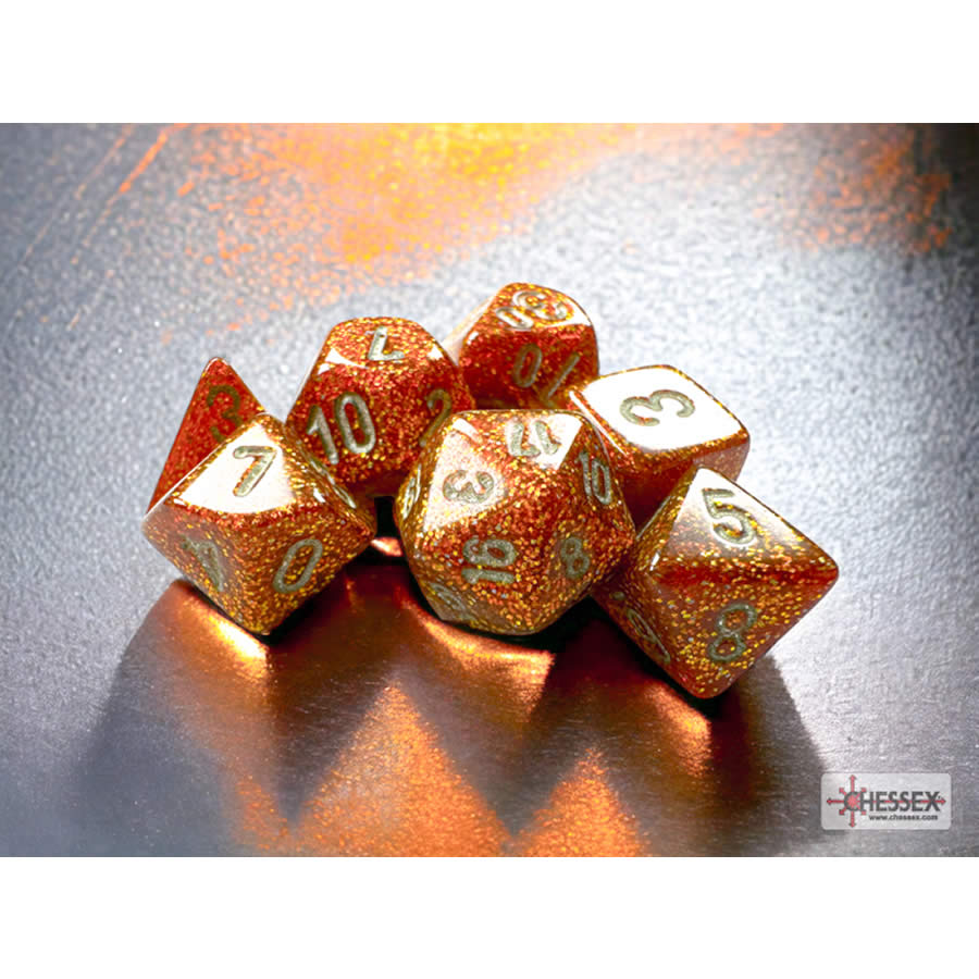 CHX20503 Gold Glitter Mini Dice with Silver Colored Numbers 10mm (3/8in) Set of 7