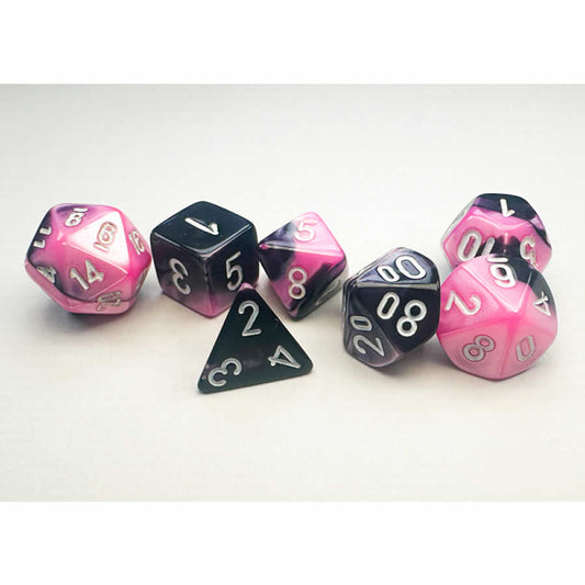 CHX20630 Black and Pink Gemini Mini Dice with White Colored Numbers 10mm (3/8in) Set of 7