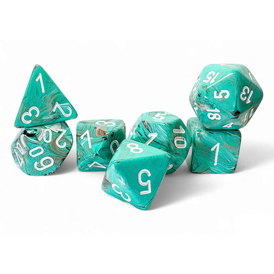 CHX22403 Oxi-Copper Marble Mega-Hedral Dice with White Colored Numbers 20mm (25/32in) Set of 7 Dice Chessex