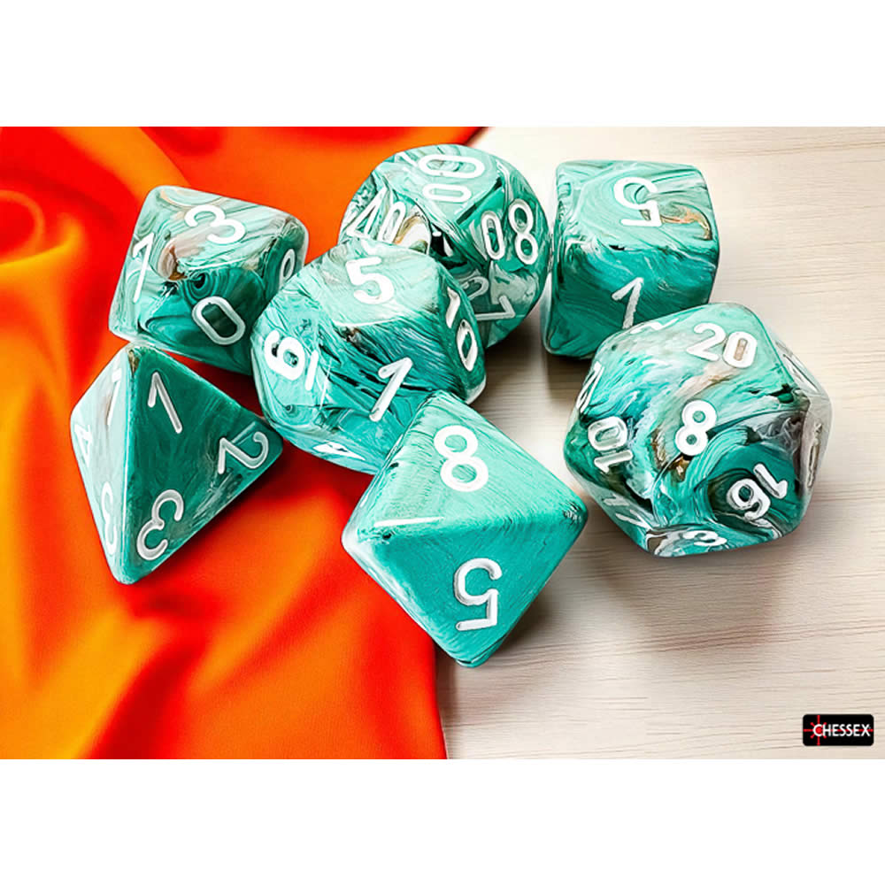CHX22403 Oxi-Copper Marble Mega-Hedral Dice with White Colored Numbers 20mm (25/32in) Set of 7 Dice