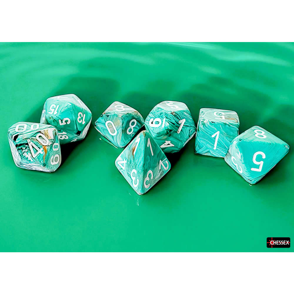 CHX22403 Oxi-Copper Marble Mega-Hedral Dice with White Colored Numbers 20mm (25/32in) Set of 7 Dice
