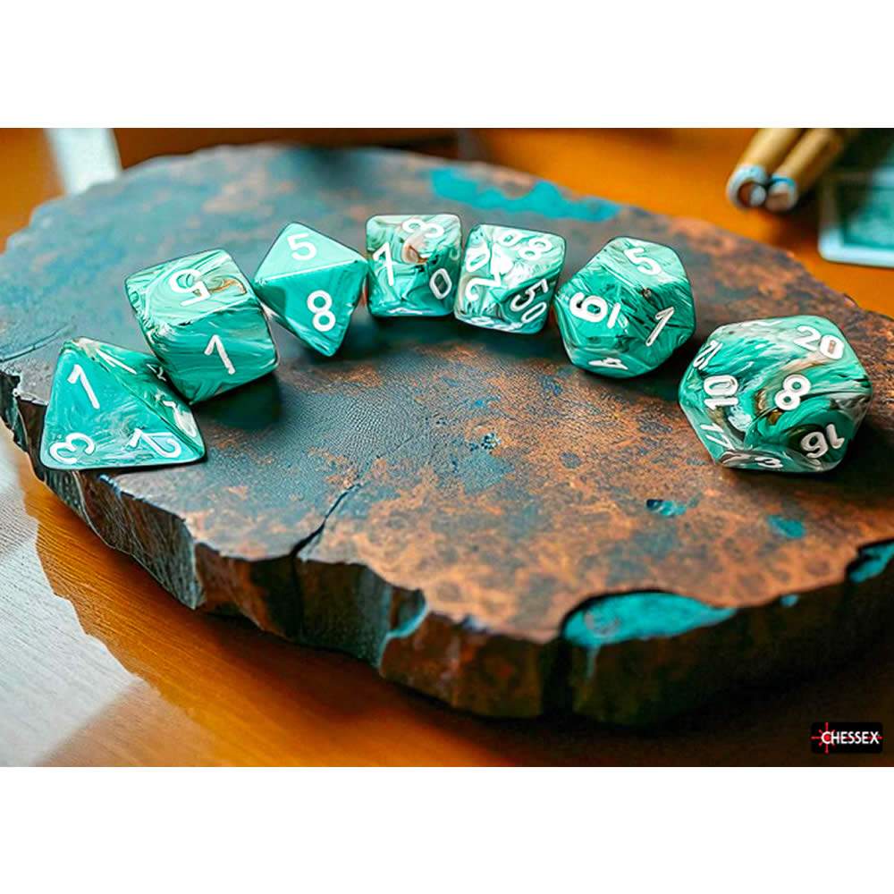 CHX22403 Oxi-Copper Marble Mega-Hedral Dice with White Colored Numbers 20mm (25/32in) Set of 7 Dice