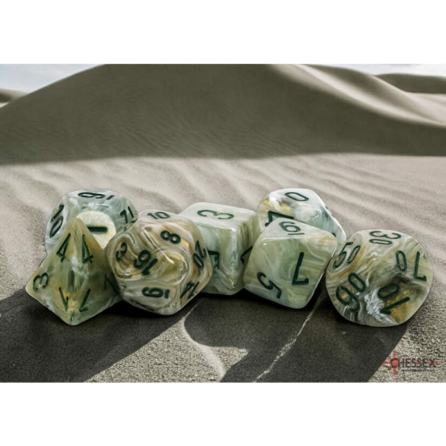 CHX22409 Green Marble Mega-Hedral Dice with Dark Green Colored Numbers 20mm (25/32in) Set of 7