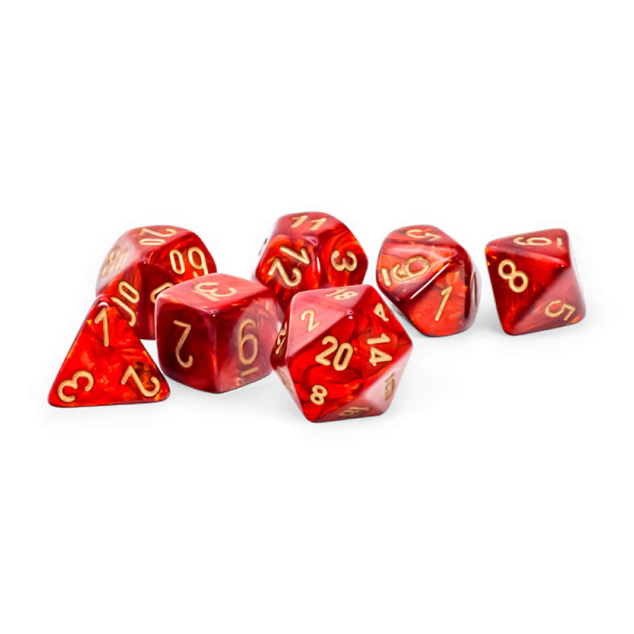 CHX22414 Scarlet Scarab Mega-Hedral Dice with Gold Colored Numbers 20mm (25/32in) Set of 7