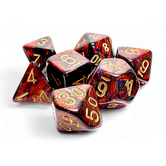 CHX22419 Blue Blood Scarab Mega-Hedral Dice with Gold Colored Numbers 20mm (25/32in) Set of 7 Dice