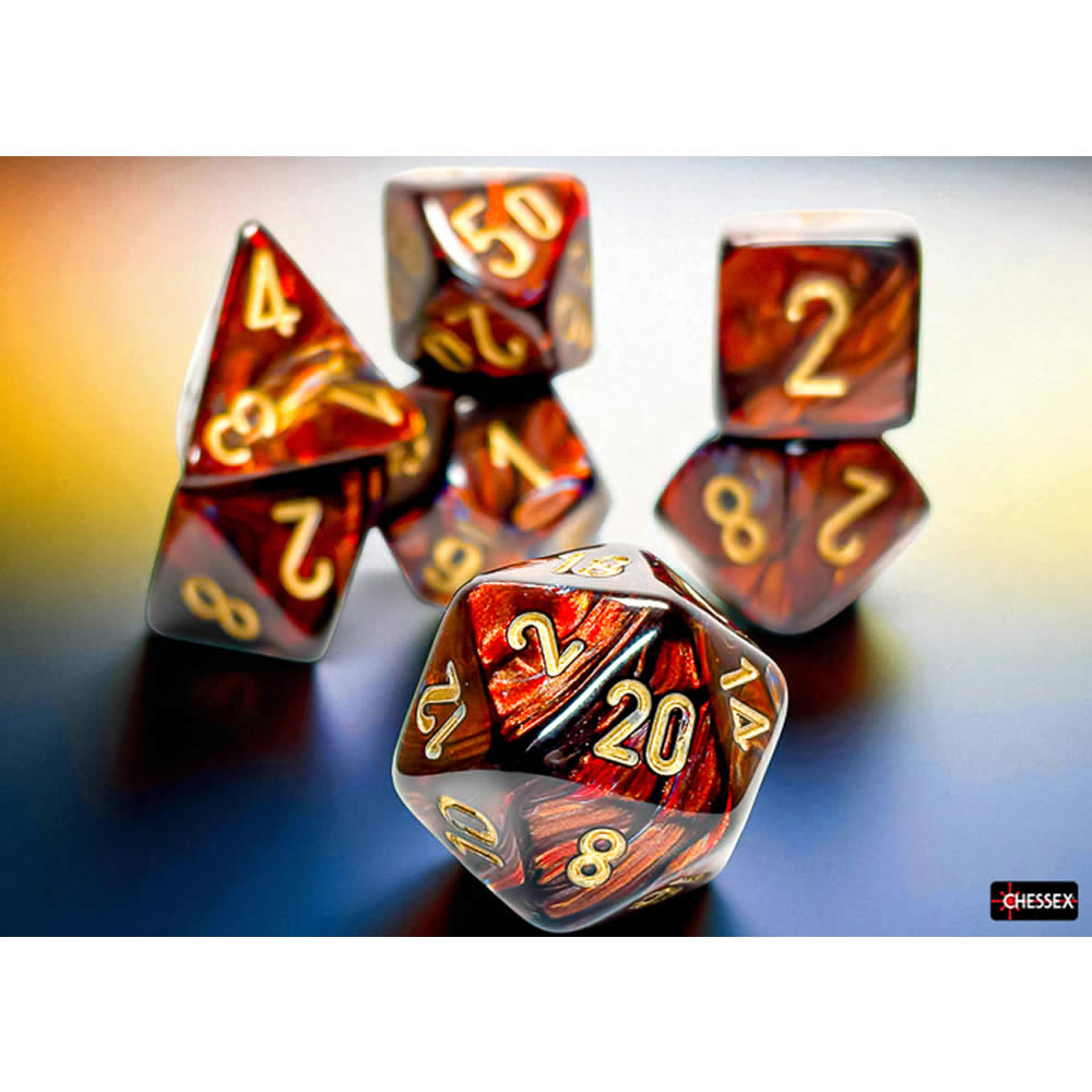 CHX22419 Blue Blood Scarab Mega-Hedral Dice with Gold Colored Numbers 20mm (25/32in) Set of 7 Dice