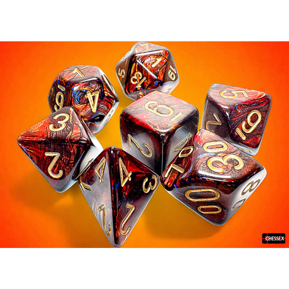CHX22419 Blue Blood Scarab Mega-Hedral Dice with Gold Colored Numbers 20mm (25/32in) Set of 7 Dice