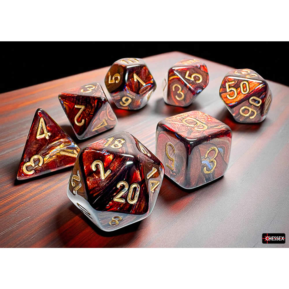 CHX22419 Blue Blood Scarab Mega-Hedral Dice with Gold Colored Numbers 20mm (25/32in) Set of 7 Dice