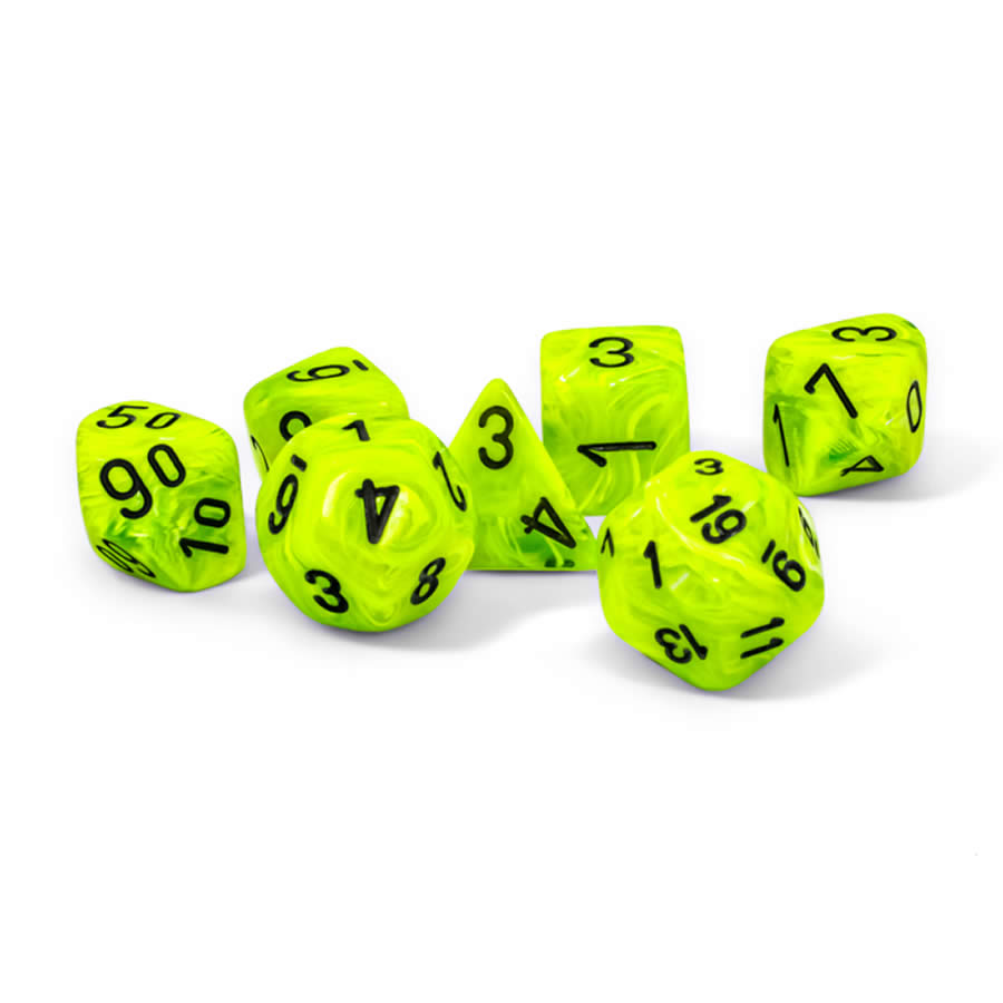 CHX22430 Bright Green Vortex Mega-Hedral Dice with Black Colored Numbers 20mm (25/32in) Set of 7