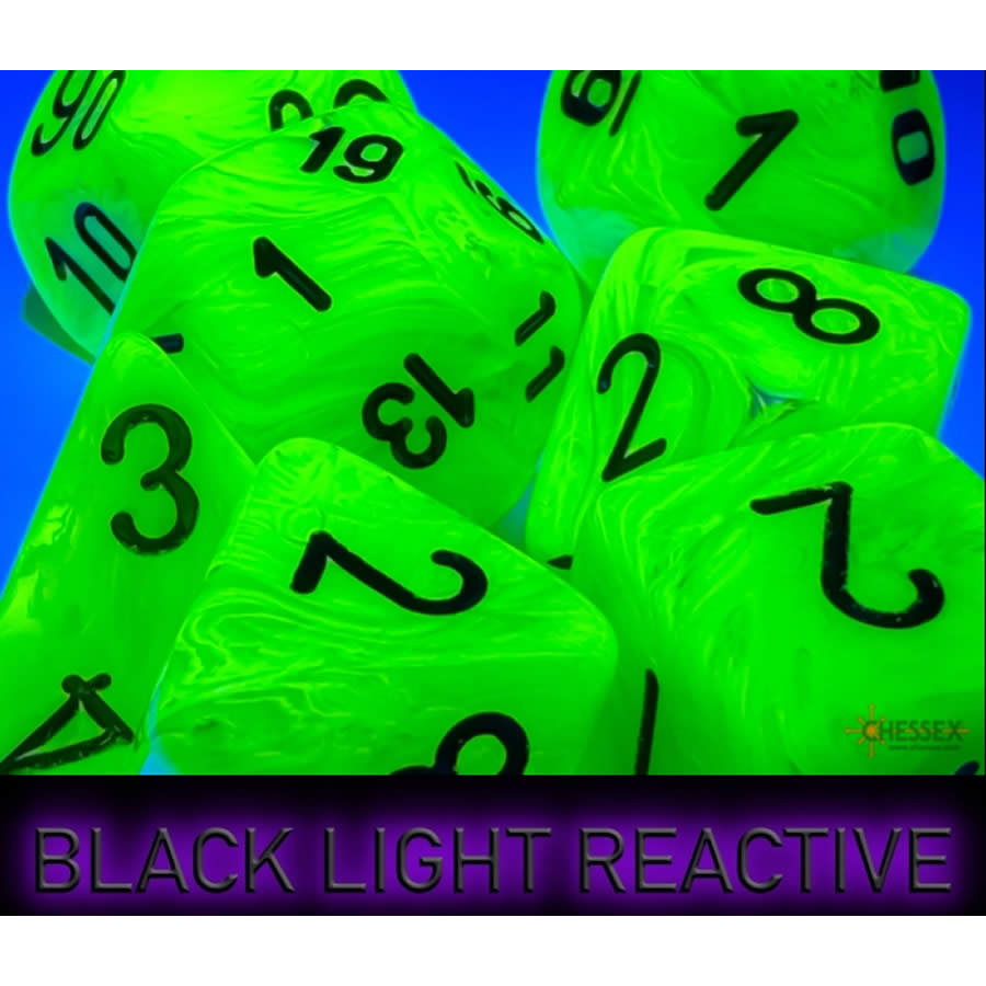 CHX22430 Bright Green Vortex Mega-Hedral Dice with Black Colored Numbers 20mm (25/32in) Set of 7