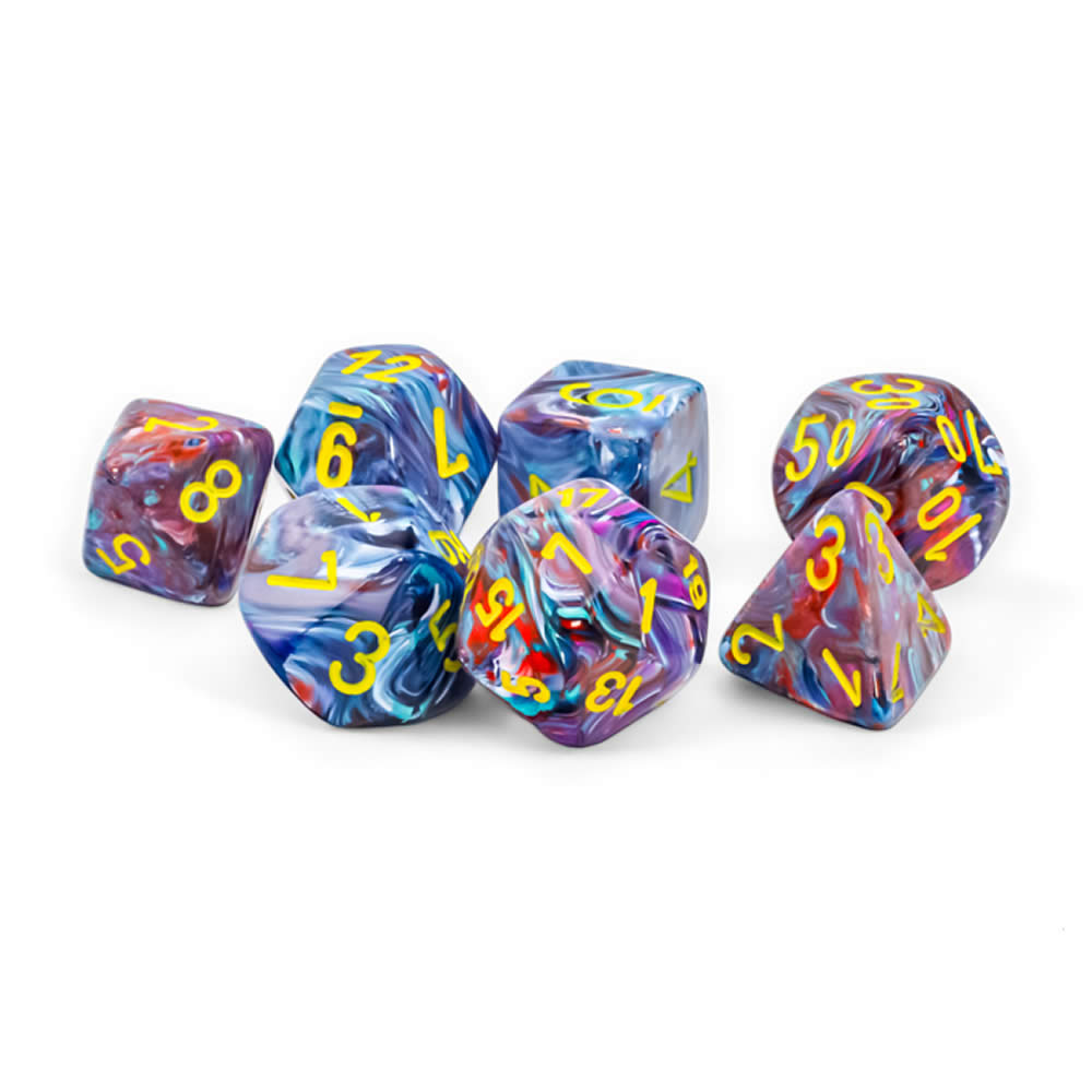 CHX22450 Mosaic Festive Mega-Hedral Dice with Yellow Colored Numbers 20mm (25/32in) Set of 7