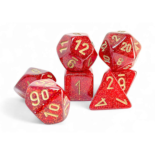 CHX22504 Ruby Glitter Mega-Hedral Dice with Gold Colored Numbers 20mm (25/32in) Set of 7 Dice