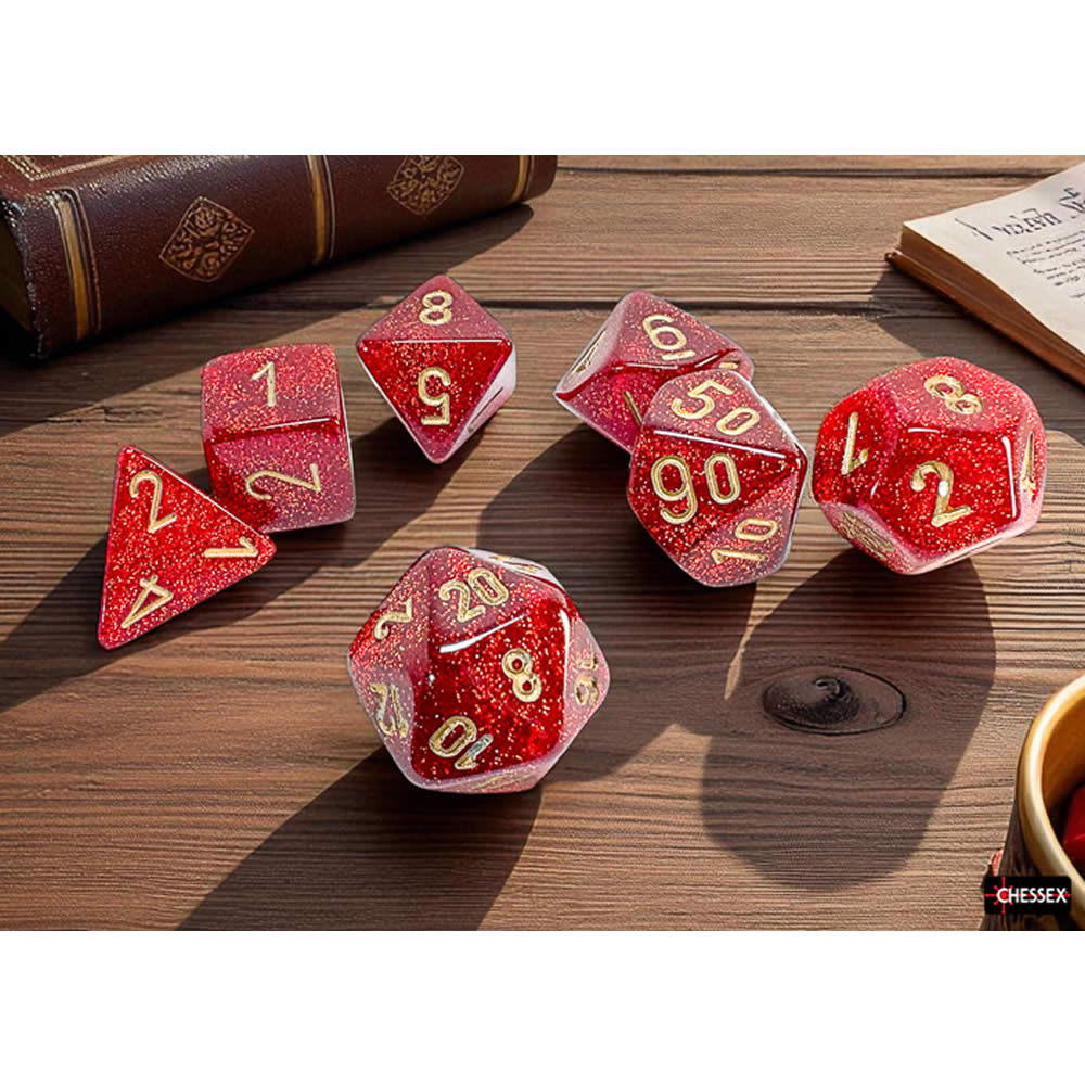 CHX22504 Ruby Glitter Mega-Hedral Dice with Gold Colored Numbers 20mm (25/32in) Set of 7 Dice